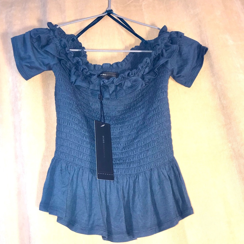 BCBG MAXAZRIA Frilled Navy Shirt Size Small